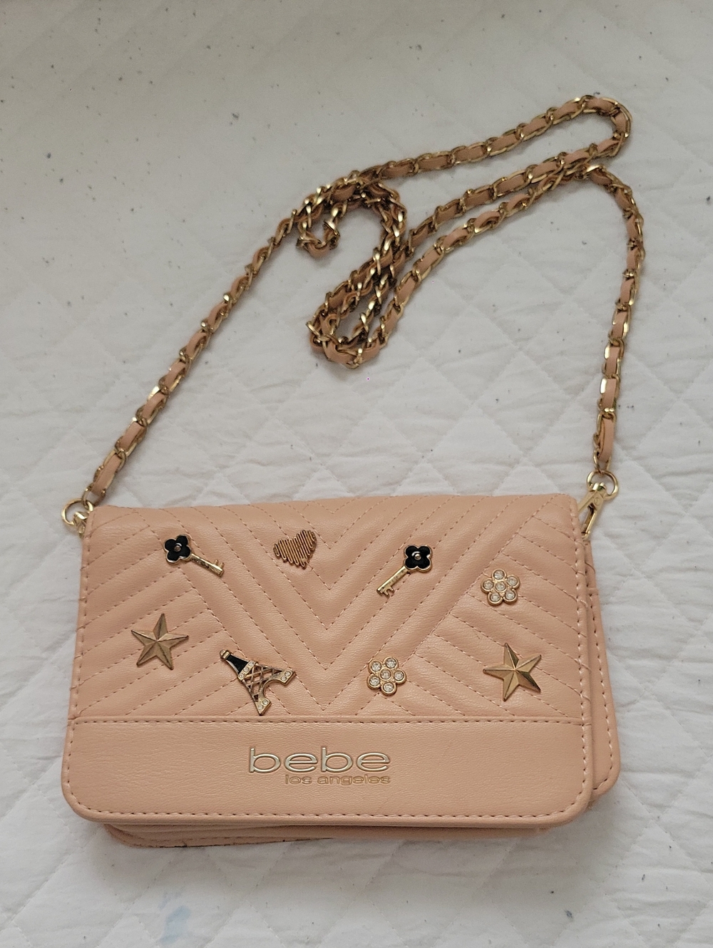bebe Pink Quilted Crossbody with Gold Chain & Charms